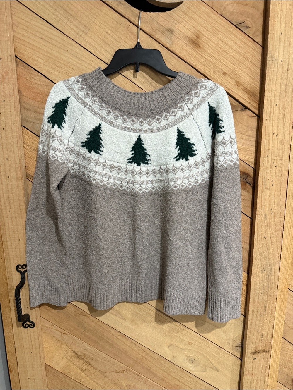 Maurices Taupe & Cream Fair Isle Turtleneck Sweater with Green Tree Motif